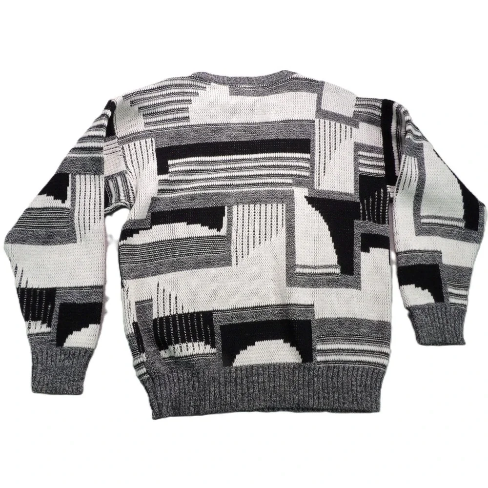 VTG Ashley Knit Sweater Men L Gray Black Abstract Geometric Leather Trim USA 90s